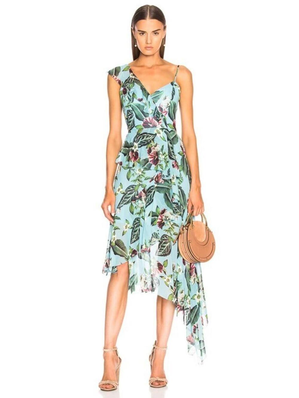 Nicholas One-Shoulder Ruffle Floral Print Silk Dress Size 4US MSRP $900